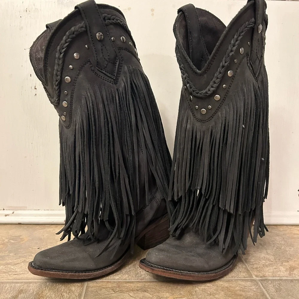Made in Mexico, Black Fringe Leather, Cowgirl Boots - Picture 6 of 6